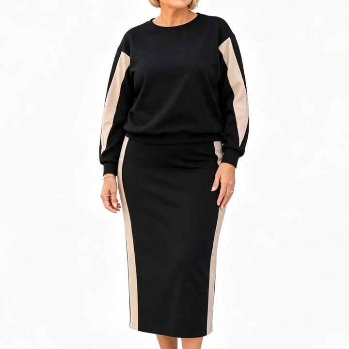 Ensemble femme sweat et jupe midi à bandes contrastées – Apolline - Noir