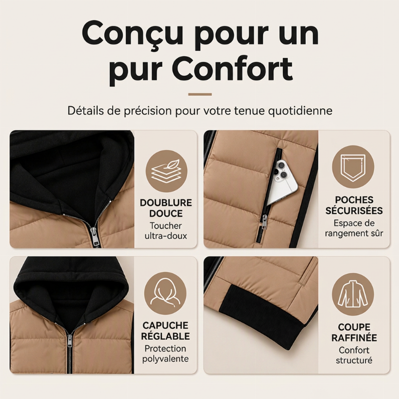 Veste matelassée femme bicolore à capuche et manches en maille – Bérénice - vue 2
