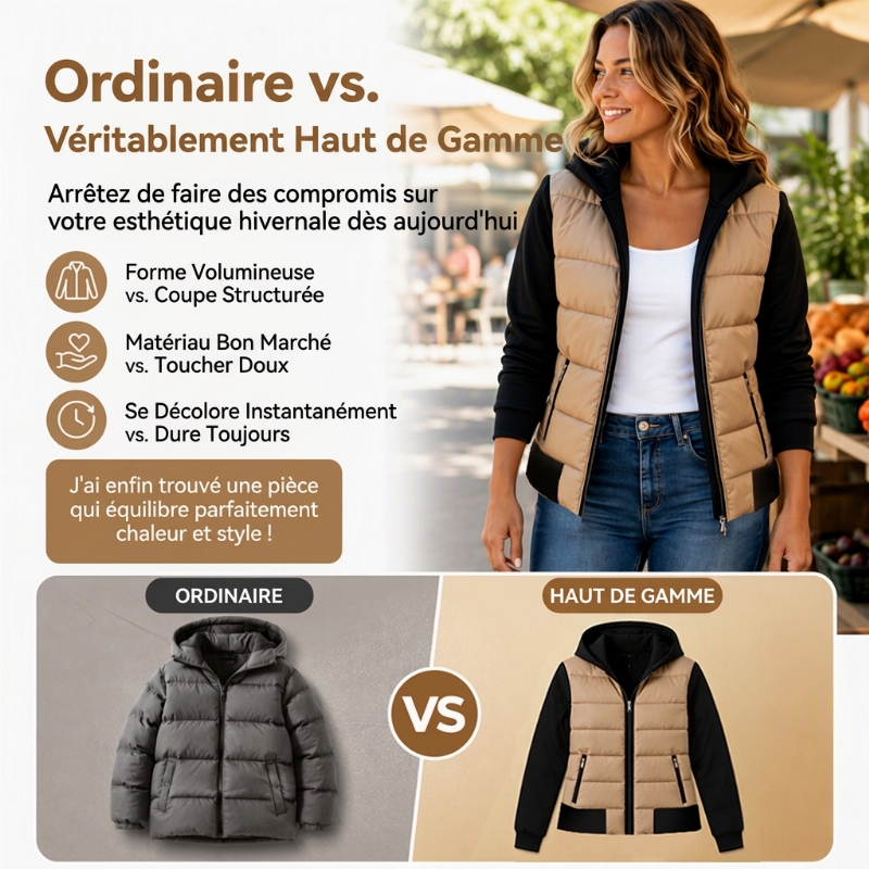 Veste matelassée femme bicolore à capuche et manches en maille – Bérénice - vue 3