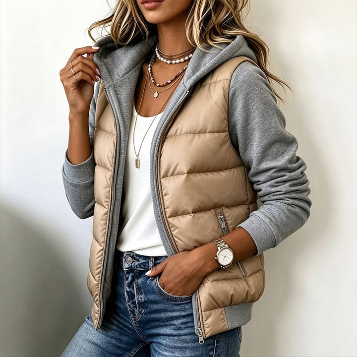 Veste matelassée femme bicolore à capuche et manches en maille – Bérénice - Kaki clair