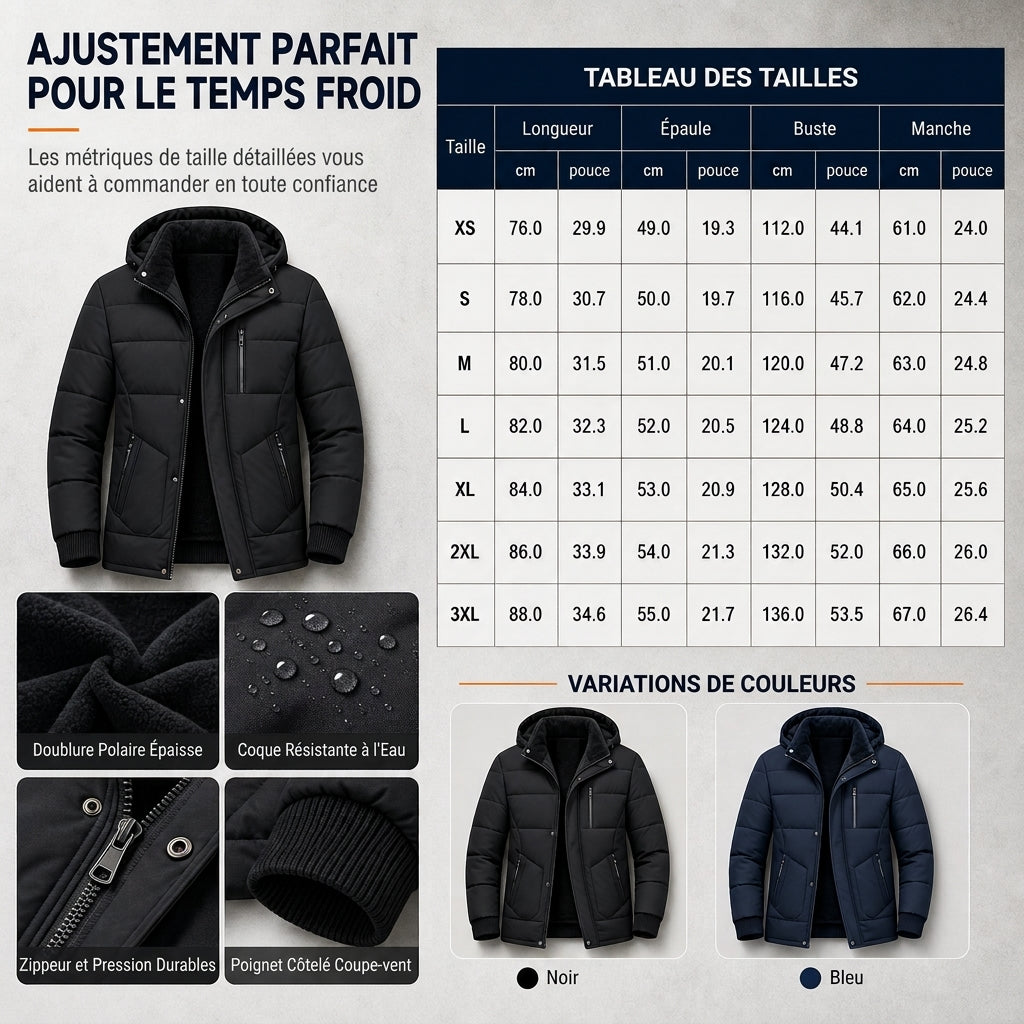 Manteau d'hiver homme matelassé doublé polaire à capuche amovible – Florian - vue 8