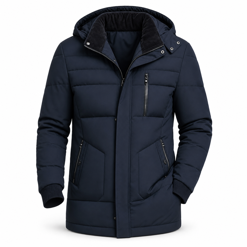 Manteau d'hiver homme matelassé doublé polaire à capuche amovible – Florian - Bleu marine