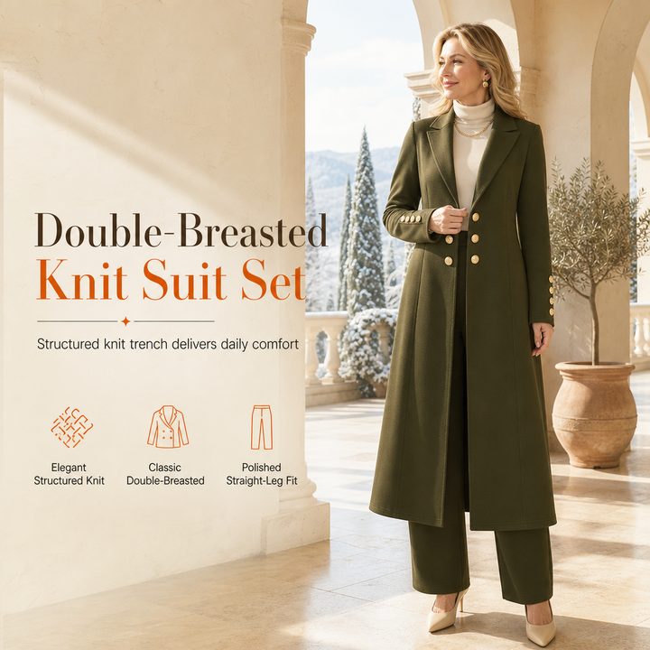 Ensemble femme manteau long croisé et pantalon droit en maille – Mathilde - vue 1