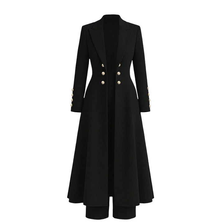 Ensemble femme manteau long croisé et pantalon droit en maille – Mathilde - Noir