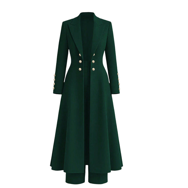 Ensemble femme manteau long croisé et pantalon droit en maille – Mathilde - Vert foncé