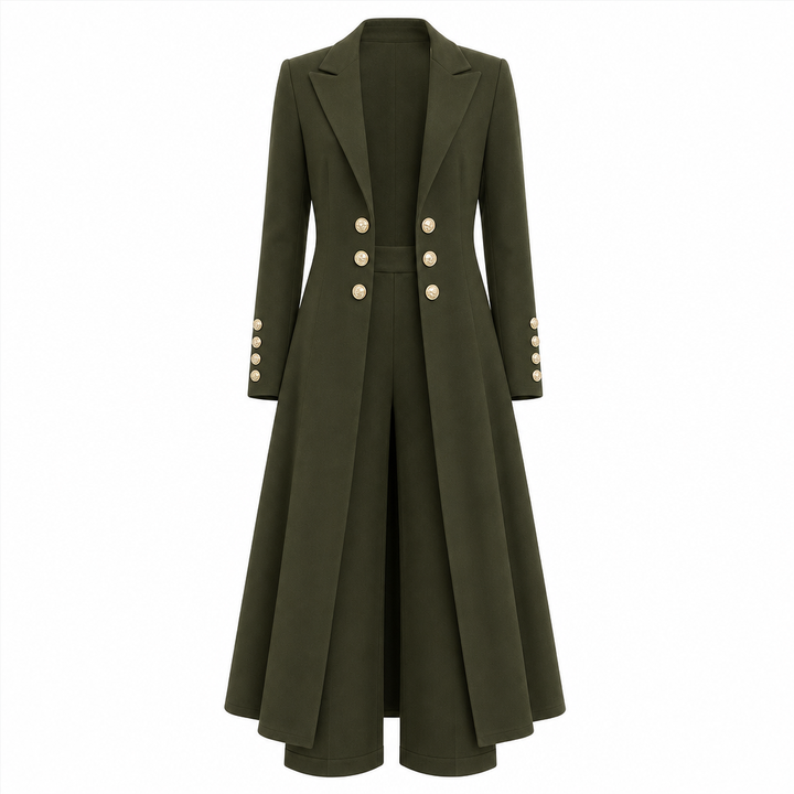 Ensemble femme manteau long croisé et pantalon droit en maille – Mathilde - Vert militaire