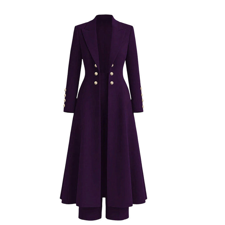 Ensemble femme manteau long croisé et pantalon droit en maille – Mathilde - Violet