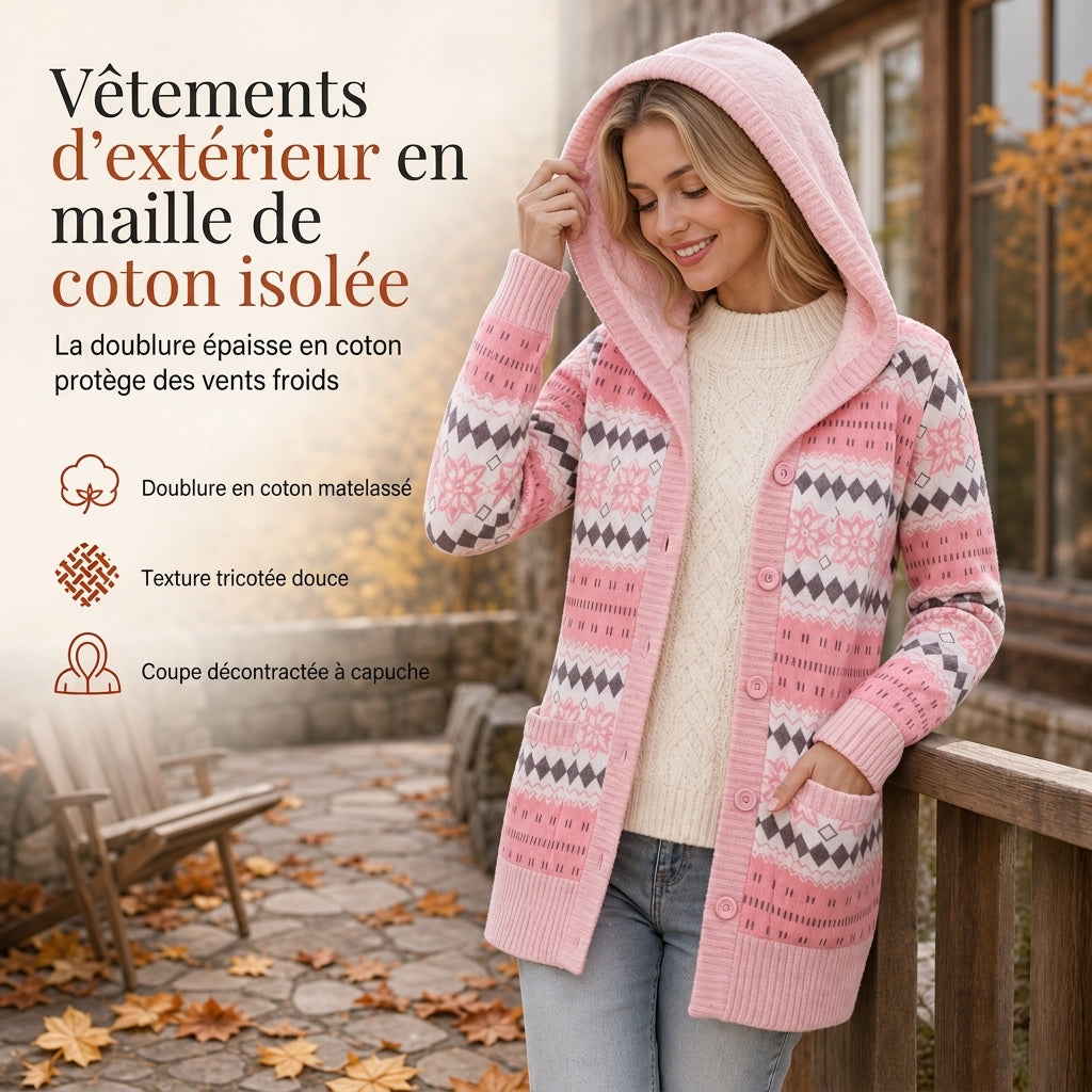Gilet long femme à capuche en maille jacquard doublé – Capucine - vue 1