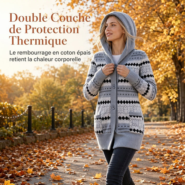 Gilet long femme à capuche en maille jacquard doublé – Capucine - vue 3