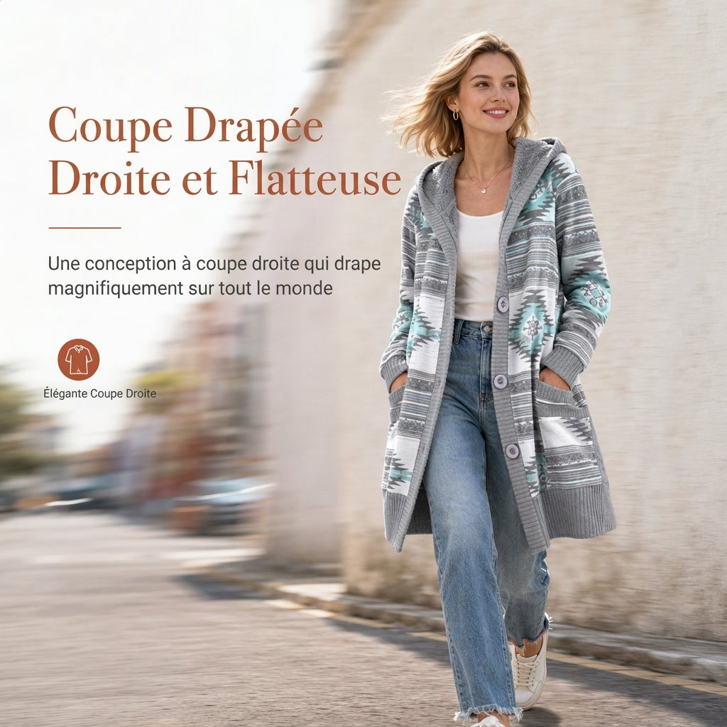 Gilet long femme à capuche en maille jacquard doublé – Capucine - vue 6