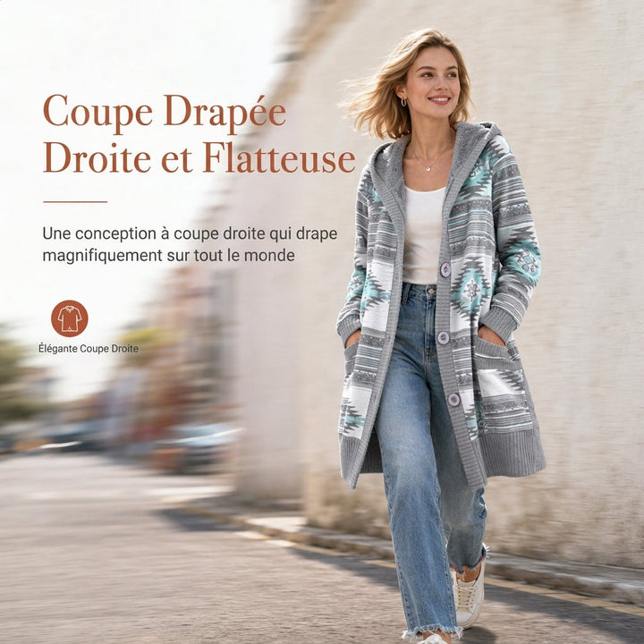 Gilet long femme à capuche en maille jacquard doublé – Capucine - vue 6