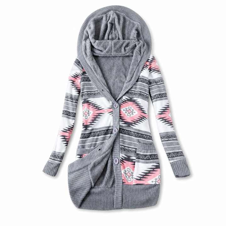 Gilet long femme à capuche en maille jacquard doublé – Capucine - vue 9