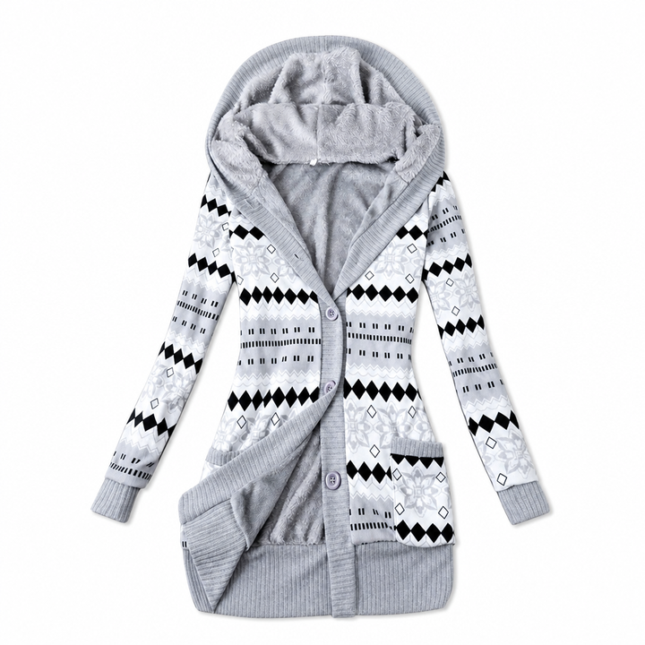 Gilet long femme à capuche en maille jacquard doublé – Capucine - Gris