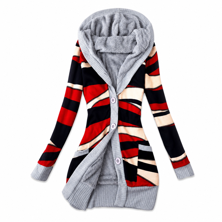 Gilet long femme à capuche en maille jacquard doublé – Capucine - Noir et rouge