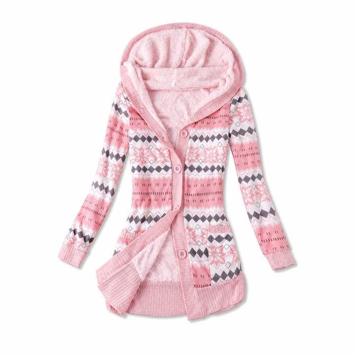 Gilet long femme à capuche en maille jacquard doublé – Capucine - Rose