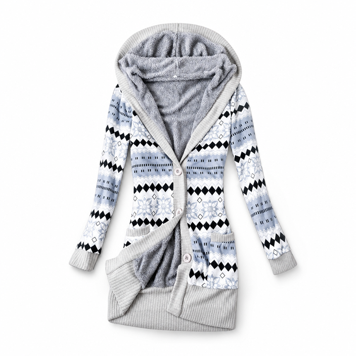 Gilet long femme à capuche en maille jacquard doublé – Capucine - Bleu
