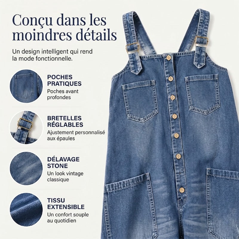 Combinaison femme en jean ample à jambes larges et épaules dénudées – Lucie - vue 2