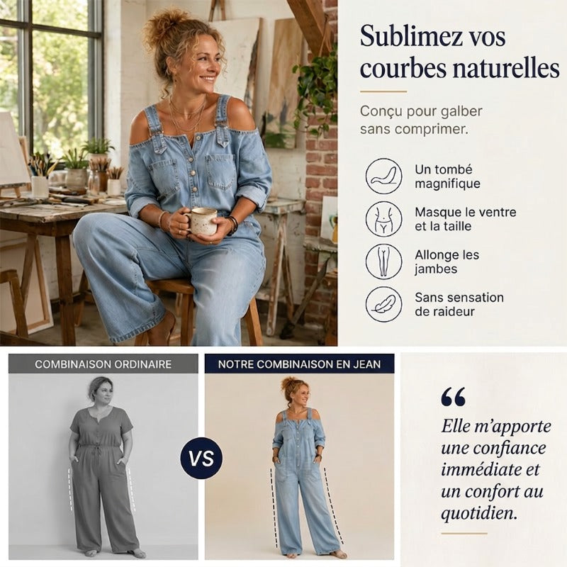 Combinaison femme en jean ample à jambes larges et épaules dénudées – Lucie - vue 3