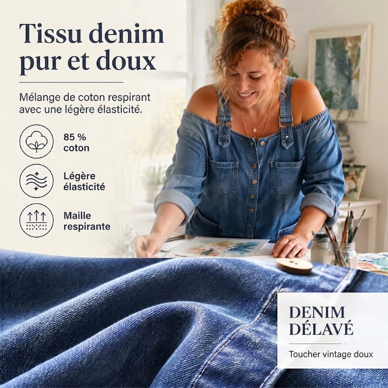 Combinaison femme en jean ample à jambes larges et épaules dénudées – Lucie - vue 4