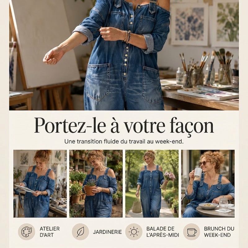 Combinaison femme en jean ample à jambes larges et épaules dénudées – Lucie - vue 5