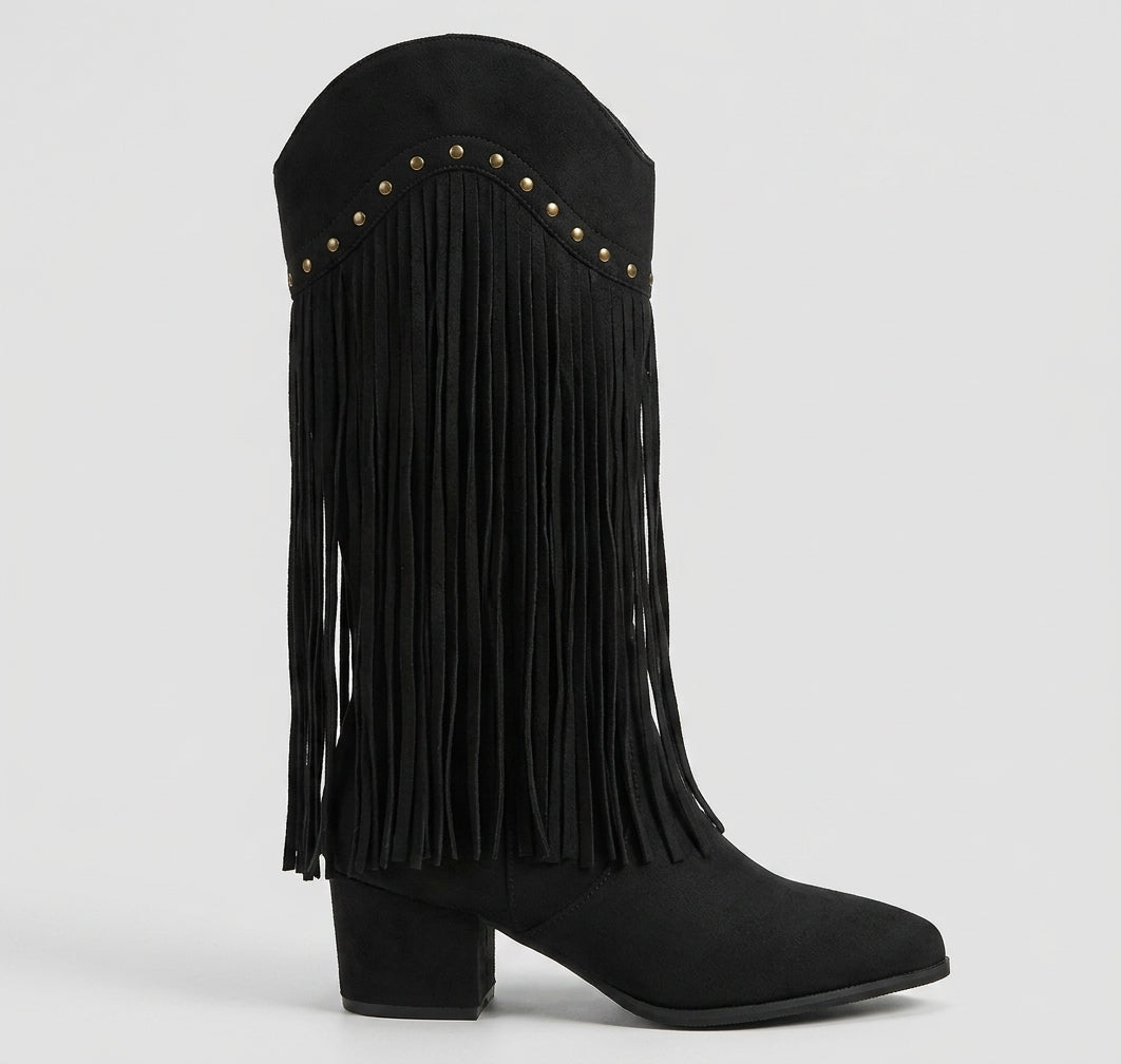 Bottes hautes femme en daim à franges et clous – Sasha – Noir