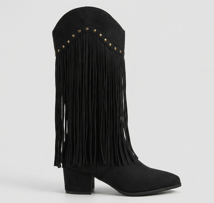 Bottes hautes femme en daim à franges et clous – Sasha – Noir
