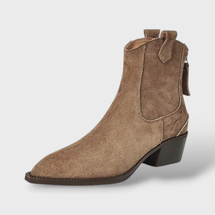 Bottines Chelsea femme en daim à bout pointu et talon épais – Western – Marron