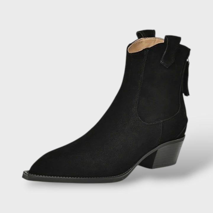 Bottines Chelsea femme en daim à bout pointu et talon épais – Western – Noir