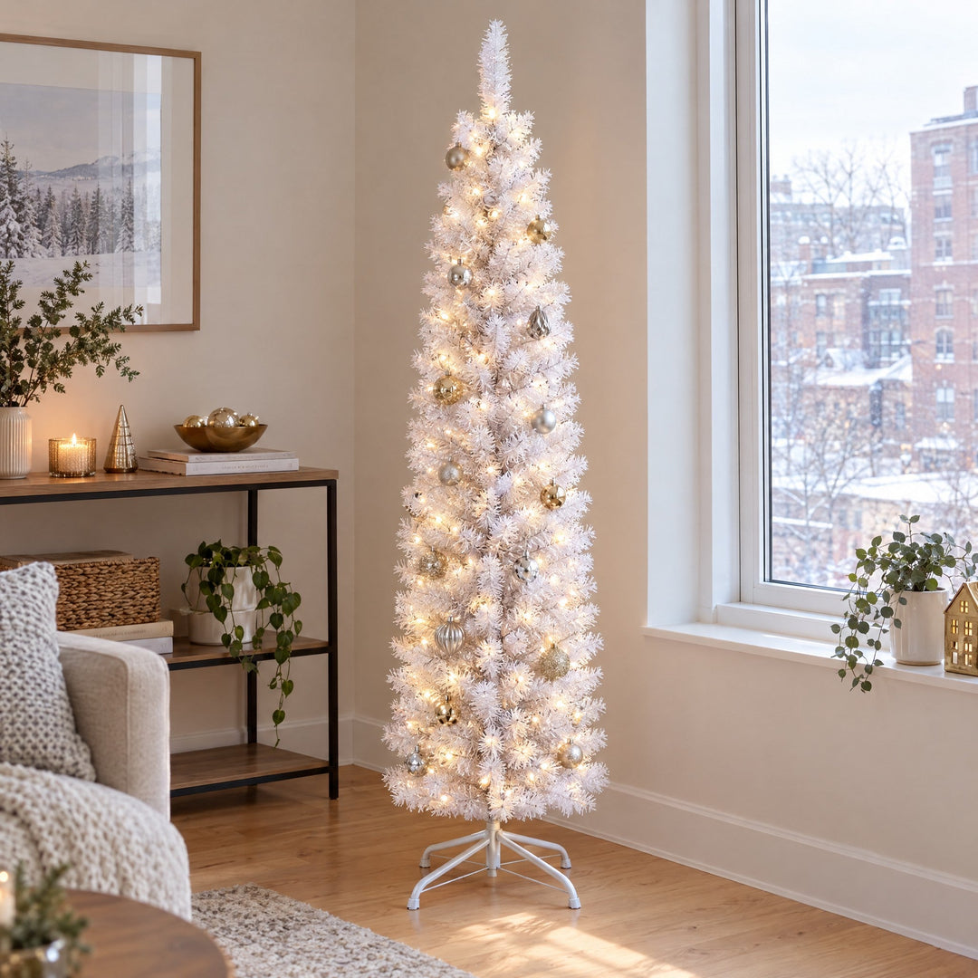 Sapin de Noël Blanc Étroit 120, 150, 180 cm – Sapin Artificiel Slim, Lumières en Option