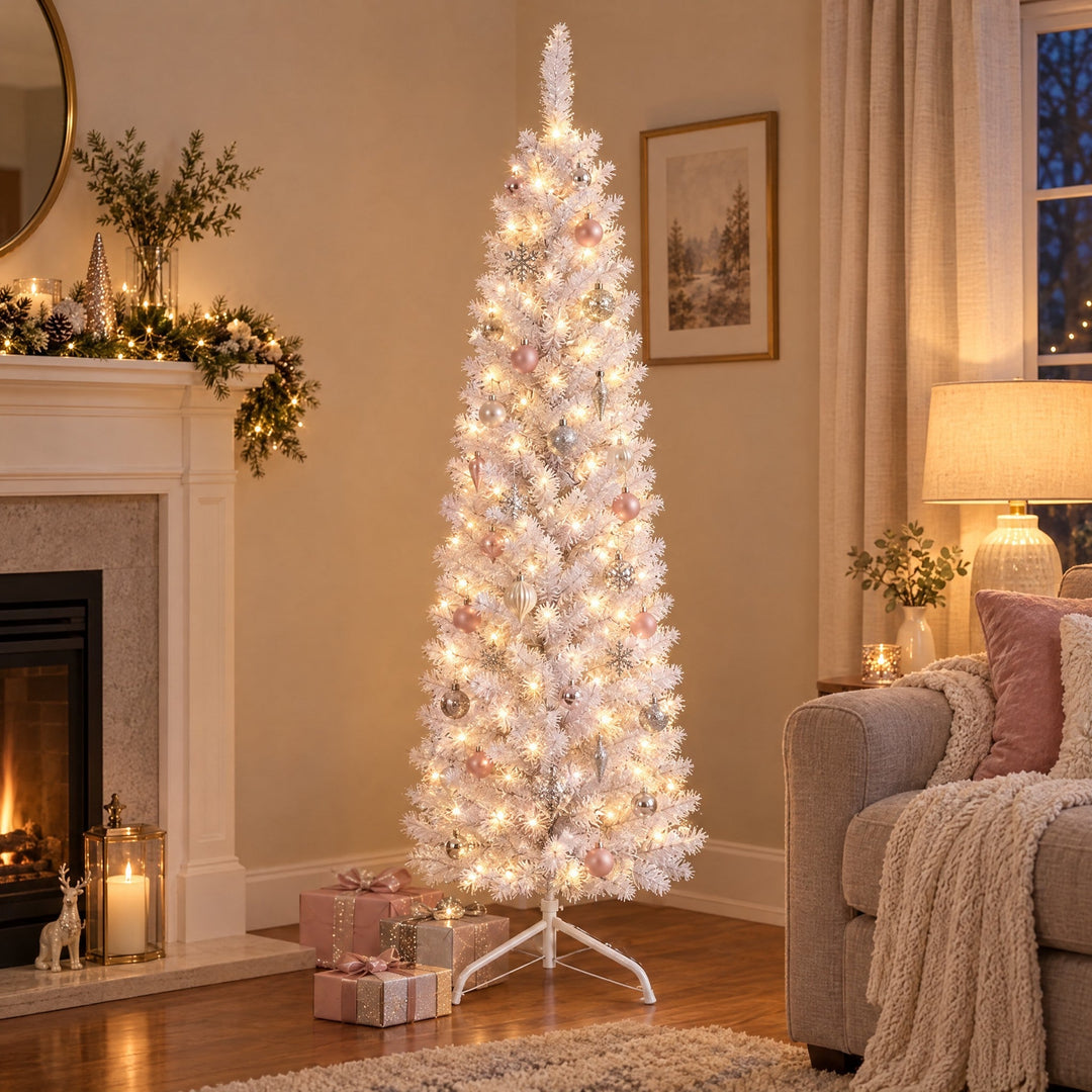 Sapin de Noël Blanc Étroit 120, 150, 180 cm – Sapin Artificiel Slim, Lumières en Option