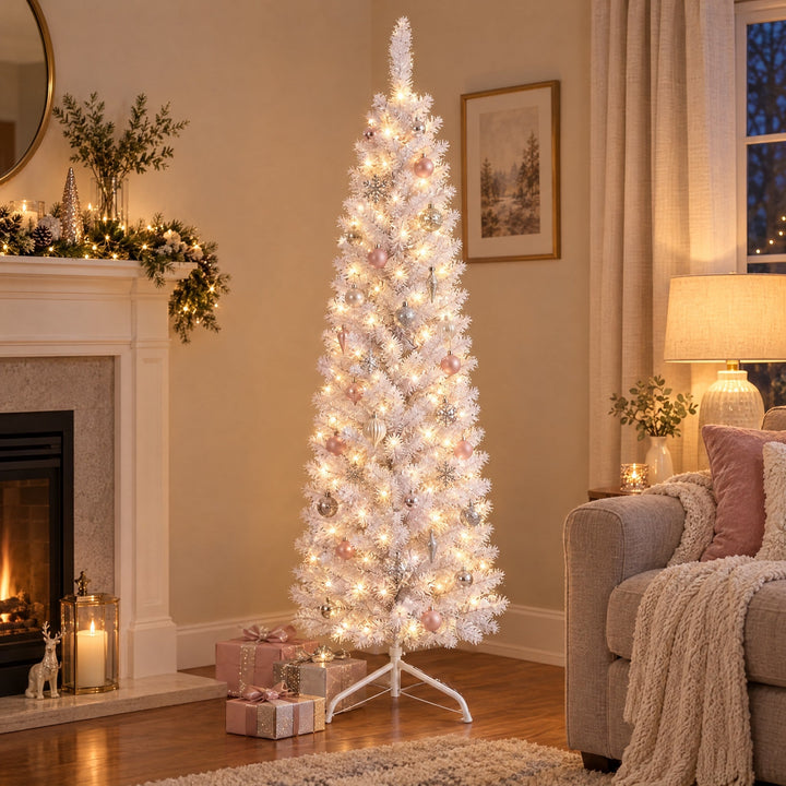 Sapin de Noël Blanc Étroit 120, 150, 180 cm – Sapin Artificiel Slim, Lumières en Option