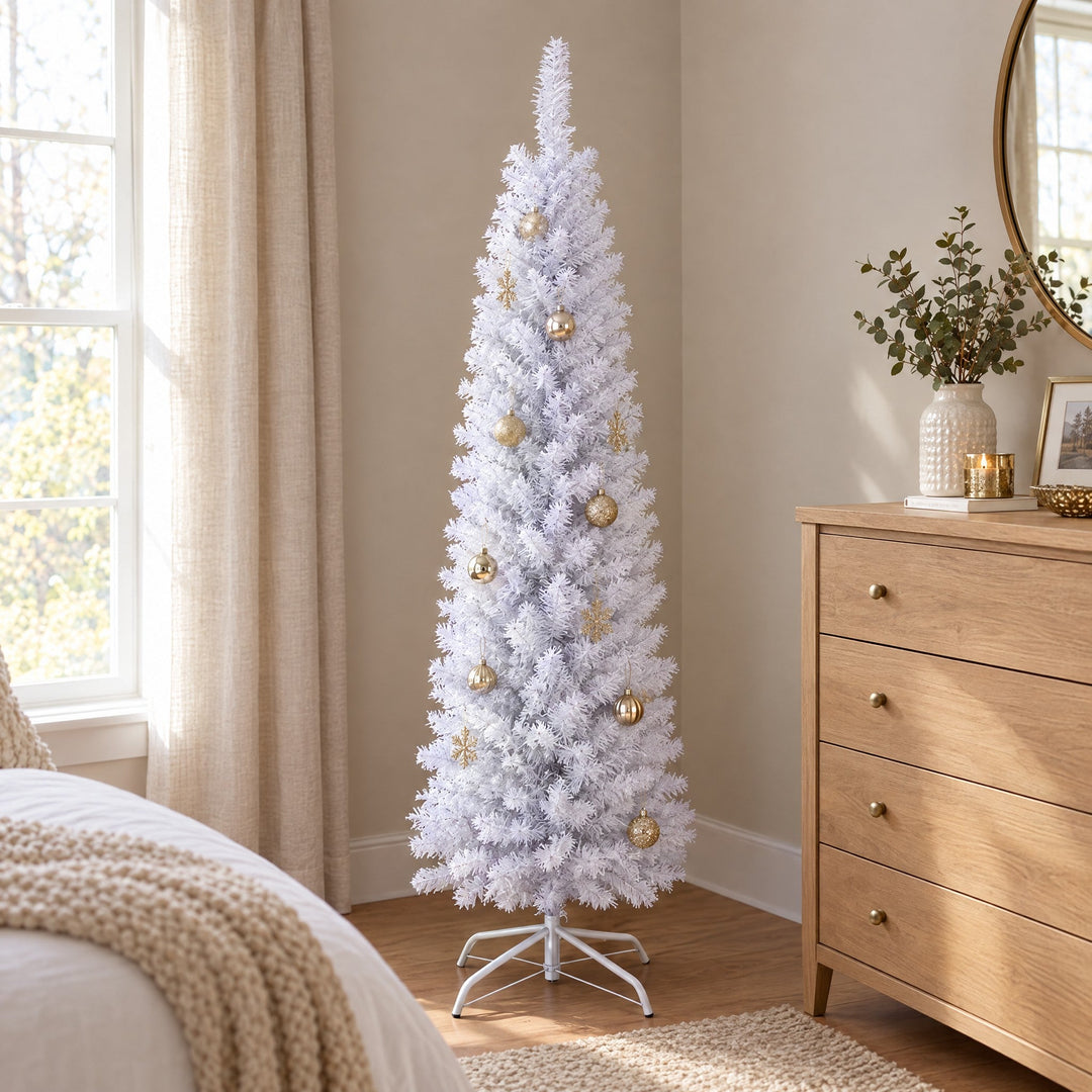 Sapin de Noël Blanc Étroit 120, 150, 180 cm – Sapin Artificiel Slim, Lumières en Option