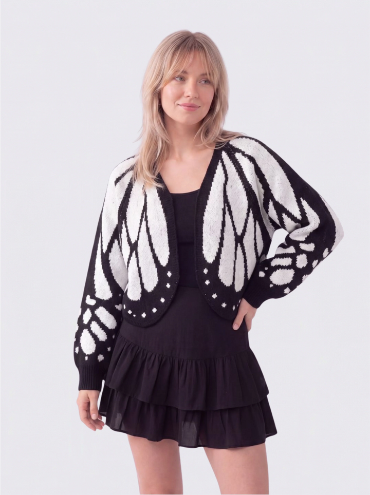 Cardigan femme en maille à motif ailes de papillon et col V – Louise - Blanc