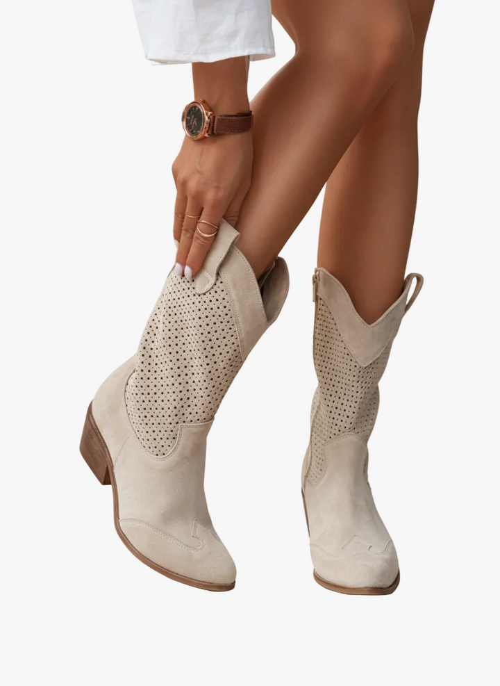 Bottes western femme en suédine à tige perforée et zip – Maëlle – Beige