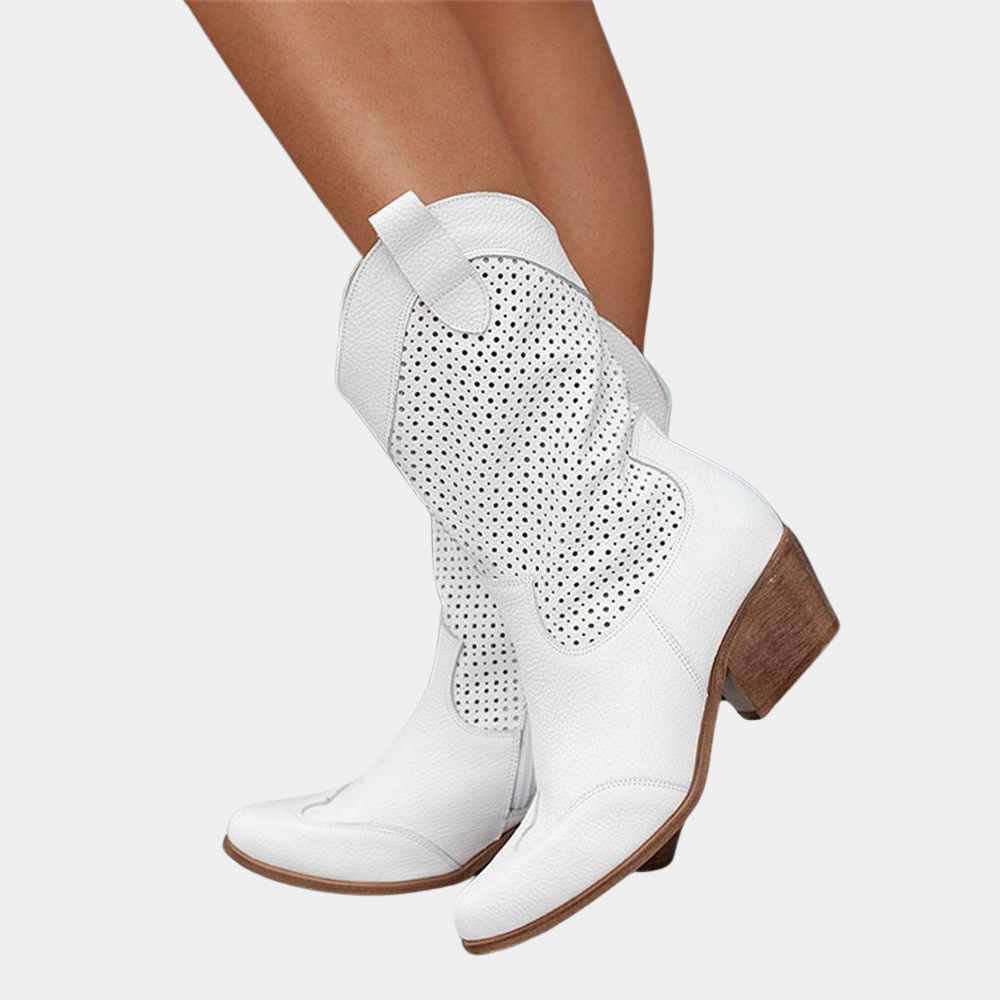 Bottes western femme en suédine à tige perforée et zip – Maëlle – Blanc