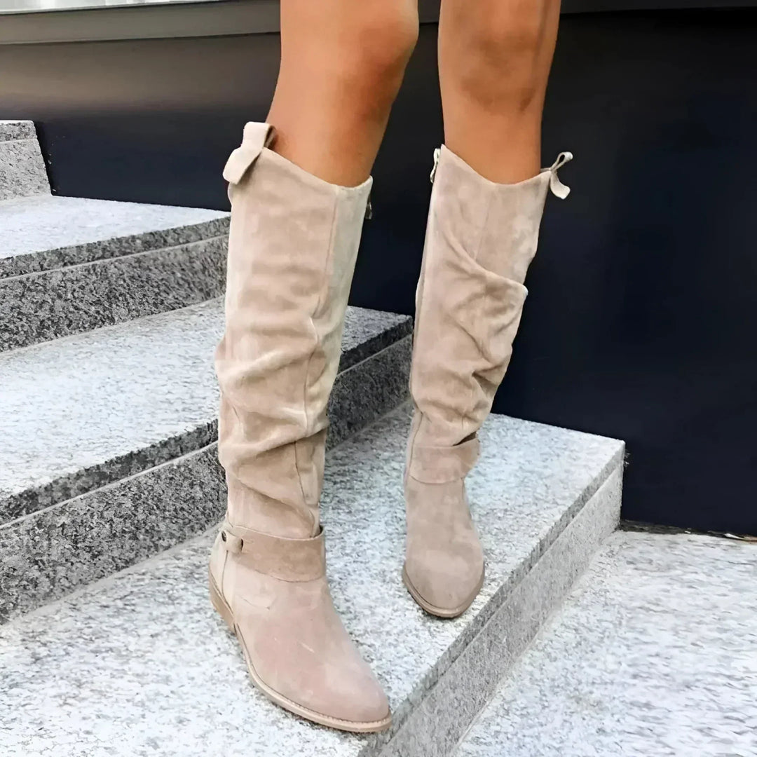 Bottes hautes femme en daim à tige froncée et talon bloc – Valentine – Beige