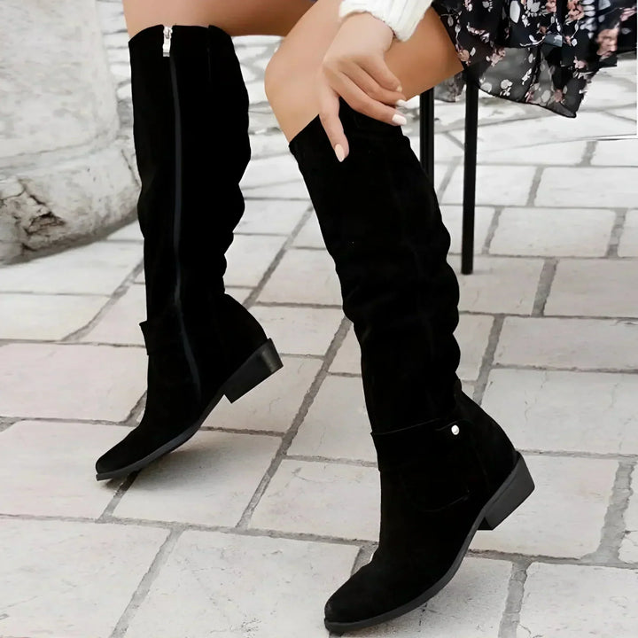 Bottes hautes femme en daim à tige froncée et talon bloc – Valentine – Noir