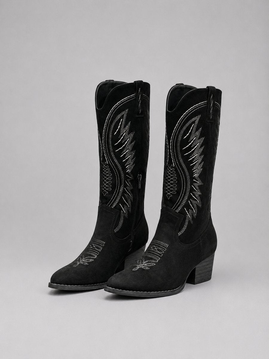 Bottes cowgirl femme en suédine brodées à bout pointu – Romy – Noir