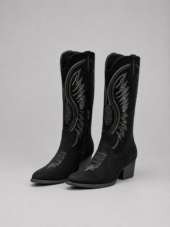 Bottes cowgirl femme en suédine brodées à bout pointu – Romy – Noir