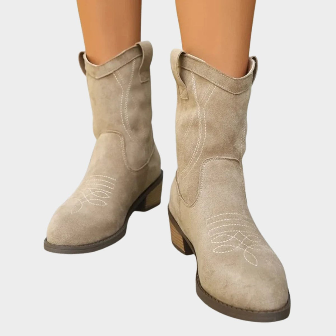 Bottines cowgirl femme en suédine brodées à bout rond – Jade – vue 1