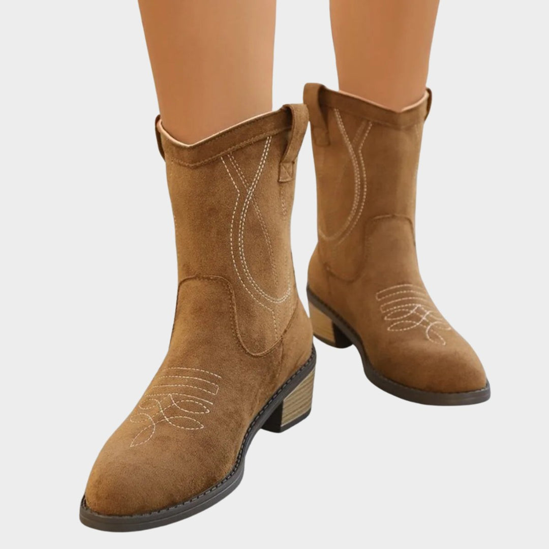 Bottines cowgirl femme en suédine brodées à bout rond – Jade – vue 2