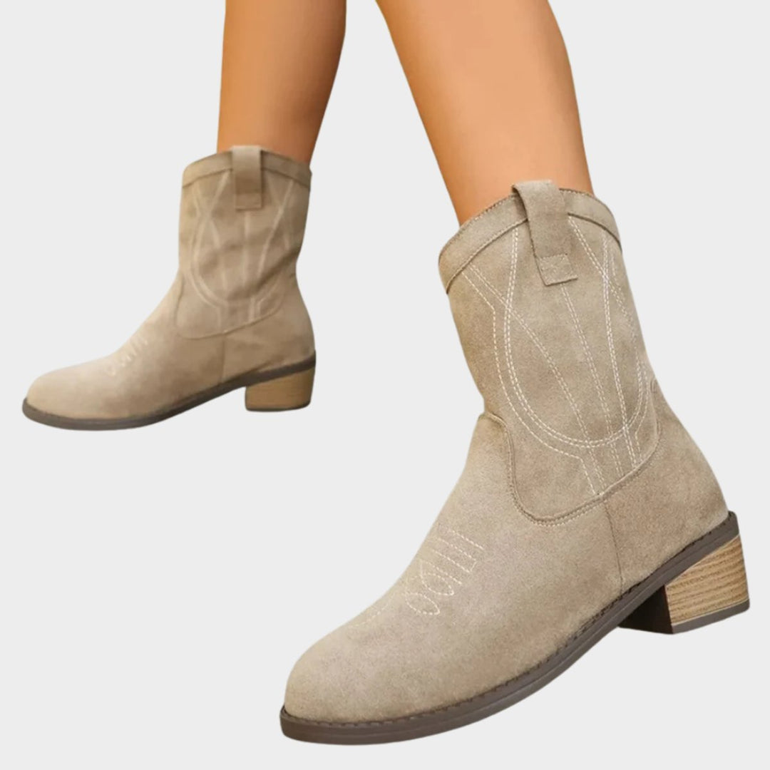 Bottines cowgirl femme en suédine brodées à bout rond – Jade – vue 3