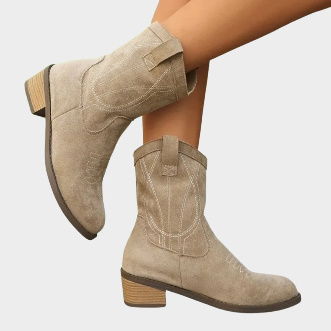 Bottines cowgirl femme en suédine brodées à bout rond – Jade – Gris