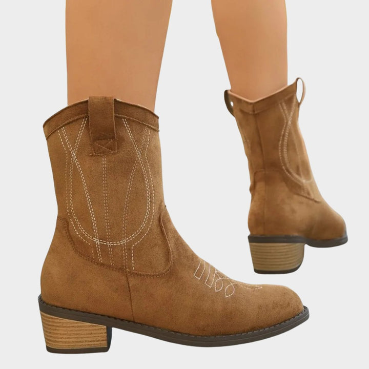 Bottines cowgirl femme en suédine brodées à bout rond – Jade – vue 6