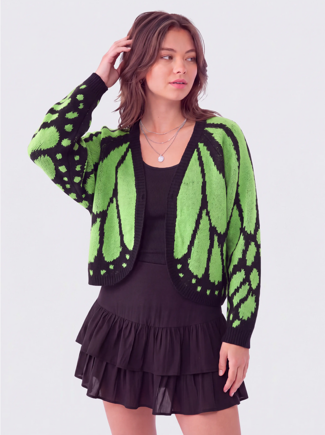 Cardigan femme en maille à motif ailes de papillon et col V – Louise - Vert