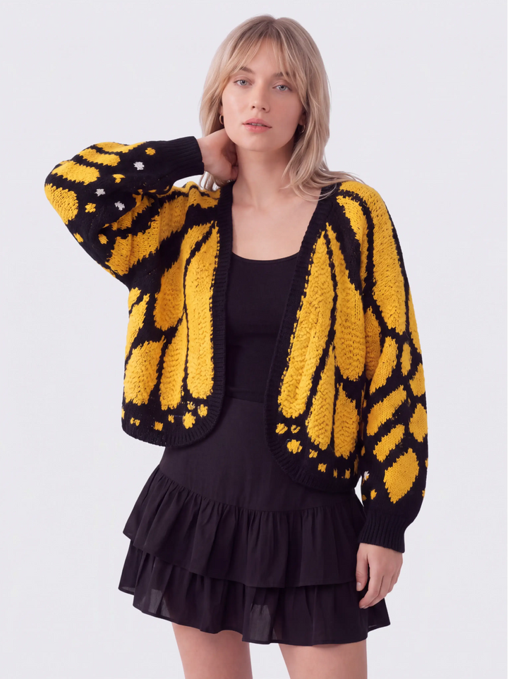 Cardigan femme en maille à motif ailes de papillon et col V – Louise - Jaune