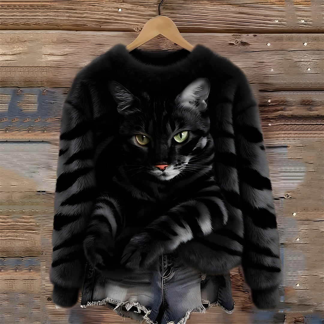 Pull femme en polaire douce à imprimé chat – Zoé - Noir